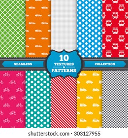 Seamless textures. Public transport icons. Free bus, bicycle and taxi signs. Car transport symbol. Endless patterns with circles, diagonal lines, chess cell. Vector