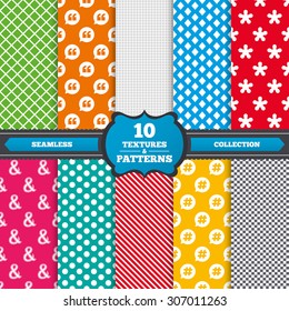Seamless textures. Quote, asterisk footnote icons. Hashtag social media and ampersand symbols. Programming logical operator AND sign. Speech bubble. Endless patterns with circles, diagonal lines.