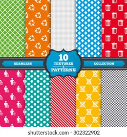 Seamless textures. Recycle bin icons. Reuse or reduce symbols. Human throw in trash can. Recycling signs. Endless patterns with circles, diagonal lines, chess cell. Vector