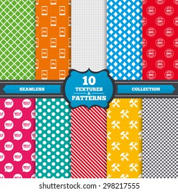 Seamless textures. Repair fix tool icons. 24h Customer support service signs. 100% quality guarantee symbol. Hammer with wrench key. Endless patterns with circles, diagonal lines, chess cell. Vector