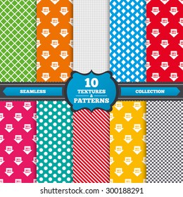 Seamless textures. Sale arrow tag icons. Discount special offer symbols. 10%, 20%, 30% and 40% percent sale signs. Endless patterns with circles, diagonal lines, chess cell. Vector