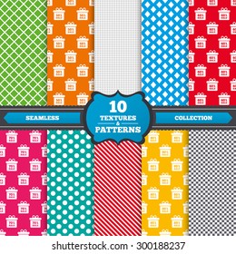 Seamless textures. Sale gift box tag icons. Discount special offer symbols. 50%, 60%, 70% and 80% percent sale signs. Endless patterns with circles, diagonal lines, chess cell. Vector