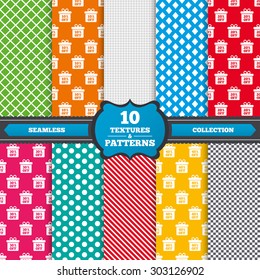 Seamless textures. Sale gift box tag icons. Discount special offer symbols. 10%, 20%, 30% and 40% percent off signs. Endless patterns with circles, diagonal lines, chess cell. Vector