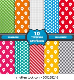 Seamless textures. Sale pointer tag icons. Discount special offer symbols. 50%, 60%, 70% and 80% percent discount signs. Endless patterns with circles, diagonal lines, chess cell. Vector