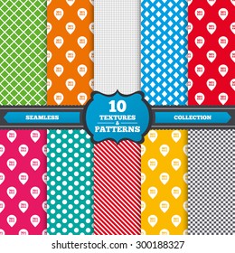 Seamless textures. Sale pointer tag icons. Discount special offer symbols. 30%, 50%, 70% and 90% percent sale signs. Endless patterns with circles, diagonal lines, chess cell. Vector