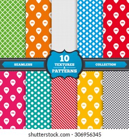 Seamless textures. Sale pointer tag icons. Discount special offer symbols. 30%, 50%, 70% and 90% percent discount signs. Endless patterns with circles, diagonal lines, chess cell. Vector