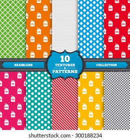 Seamless textures. Sale price tag icons. Discount special offer symbols. 50%, 60%, 70% and 80% percent discount signs. Endless patterns with circles, diagonal lines, chess cell. Vector