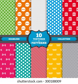 Seamless textures. Sale speech bubble icons. Two equals one. Black friday sign. Big sale shopping bag symbol. Endless patterns with circles, diagonal lines, chess cell. Vector