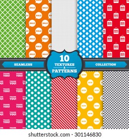 Seamless textures. Sale speech bubble icon. Thank you symbol. New star circle sign. Big sale shopping bag. Endless patterns with circles, diagonal lines, chess cell. Vector