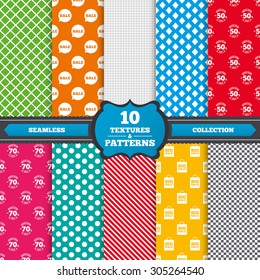 Seamless textures. Sale speech bubble icon. 50% and 70% percent discount symbols. Big sale shopping bag sign. Endless patterns with circles, diagonal lines, chess cell. Vector