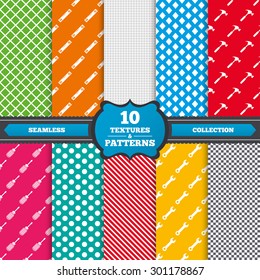 Seamless textures. Screwdriver and wrench key tool icons. Bubble level and hammer sign symbols. Endless patterns with circles, diagonal lines, chess cell. Vector