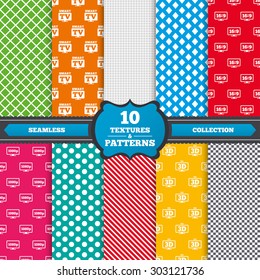 Seamless textures. Smart TV mode icon. Aspect ratio 16:9 widescreen symbol. Full hd 1080p resolution. 3D Television sign. Endless patterns with circles, diagonal lines, chess cell. Vector