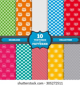 Seamless textures. Smart TV mode icon. Aspect ratio 16:9 widescreen symbol. 3D Television and TV table signs. Endless patterns with circles, diagonal lines, chess cell. Vector