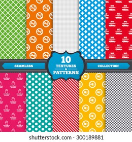 Seamless textures. Stop smoking and no sound signs. Private territory parking or public access. Cigarette and hand symbol. Endless patterns with circles, diagonal lines, chess cell. Vector