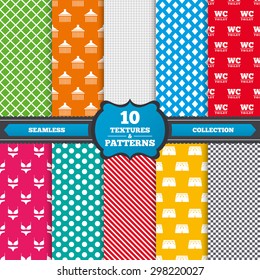 Seamless textures. Swimming pool icons. Shower water drops and swimwear symbols. WC Toilet sign. Trunks and women's underwear. Endless patterns with circles, diagonal lines, chess cell. Vector