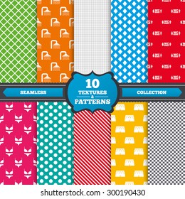 Seamless textures. Swimming pool icons. Shower water drops and swimwear symbols. WC Toilet sign. Trunks and women underwear. Endless patterns with circles, diagonal lines, chess cell. Vector