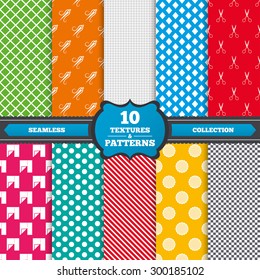 Seamless textures. Textile cloth piece icon. Scissors hairdresser symbol. Needle with thread. Tailor symbol. Canvas for embroidery. Endless patterns with circles, diagonal lines, chess cell. Vector