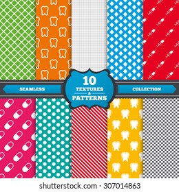 Seamless textures. Tooth enamel protection icons. Medical syringe and pill signs. Medicine injection symbol. Endless patterns with circles, diagonal lines, chess cell. Vector
