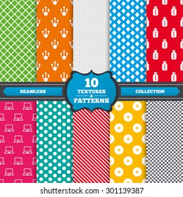 Seamless textures. Usb flash drive icons. Notebook or Laptop pc symbols. CD or DVD sign. Compact disc. Endless patterns with circles, diagonal lines, chess cell. Vector