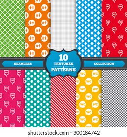 Seamless textures. WC Toilet pointer icons. Gents and ladies room signs. Man and woman speech bubble symbols. Endless patterns with circles, diagonal lines, chess cell. Vector