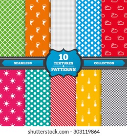 Seamless textures. Weather icons. Cloud and sun signs. Storm symbol. Thermometer temperature sign. Endless patterns with circles, diagonal lines, chess cell. Vector