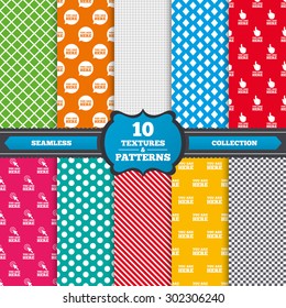 Seamless textures. You are here icons. Info speech bubble symbol. Map pointer with your location sign. Hand cursor. Endless patterns with circles, diagonal lines, chess cell. Vector