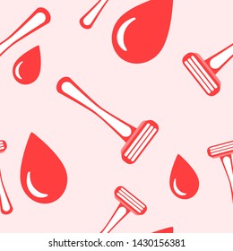 Seamless texutra on a pink background. Female epilation of bikini areas during menstruation. Red drops, blade and razor. The work of the master in the beauty salon.