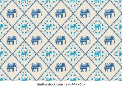 Patrón de elefante tailandés sin fisuras con motivos geométricos azules sobre un fondo crema. Ideal para textiles, estampados de telas, Fondos de pantalla, papel de regalo y diseños étnicos decorativos.