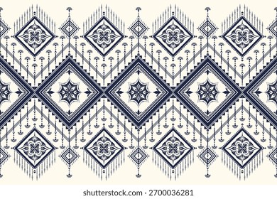 Padrão contínuo de fronteira geométrica étnica tailandesa em azul-marinho e branco. Inspirado por motivos tradicionais asiáticos, perfeito para têxteis do Oriente Médio, design mínimo japonês e estampas de moda moderna