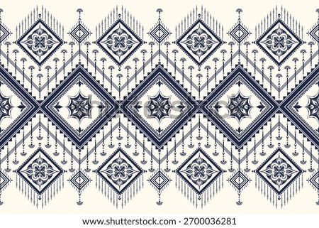 Seamless Thai ethnic geometric border pattern in navy blue and white. Inspired by traditional Asian motifs, perfect for Middle Eastern textiles, Japanese minimal design, and modern fashion prints