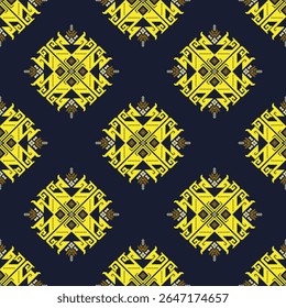 Seamless Thai ethnic oriental traditional fabric pattern. Embroidery Cross Stitch Ethnic pattern floral pixel art motifs in yellow, orange, brown, cream. Ideal for textiles, fashion, decor, clothing.
