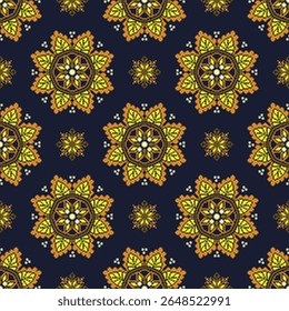 Seamless Thai ethnic oriental traditional fabric pattern. Embroidery Cross Stitch Ethnic pattern floral pixel art motifs in yellow, orange, brown, cream. Ideal for textiles, fashion, decor, clothing