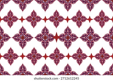 Un patrón geométrico floral tailandés sin fisuras en tonos rojos y azules, con motivos decorativos tradicionales con simetría moderna. Perfecto para el diseño textil, impresiones de tela, embalaje, Fondos de pantalla y culto