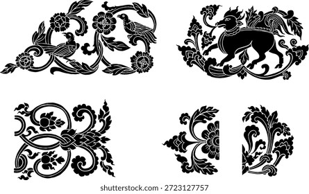 Fundo de vetor de padrão floral tailandês contínuo. Vintage estilo de arte asiática papel de parede ou tecido design têxtil em preto e branco.