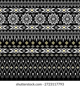 Patrón de arte popular tailandés sin fisuras en blanco y oro sobre un fondo negro. Diseño Horizontal decorativo con un aspecto lujoso y elegante, ideal para textiles, Fondo de pantalla, embalaje y diseño comercial.