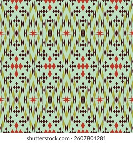 seamless Thai geometric pattern with repeating diamond and triangular shapes in green, red,brown on a light green background.design for fabric ,textile,wallpaper,background,ceramic,carpet.