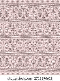 Patrón geométrico tailandés ikat sin costuras inspirado en motivos textiles tradicionales. Elementos tribales ornamentales en tono rosa dispuestos en un diseño repetitivo, aptos para la impresión de telas, diseño de moda, decoración del hogar, Fondo de pantalla, papelería y fondos digitales. Ideal para proyectos decorativos culturales, étnicos y modernos.