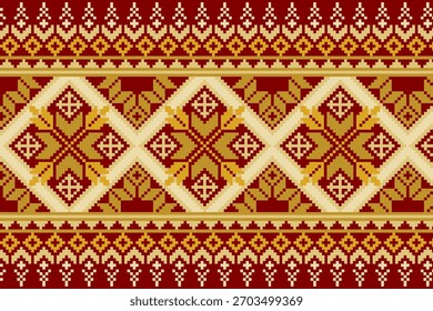 Seamless Thai Mudmee Silk Pixel Art Pattern with Geometric Diamond Motif in Red and Gold