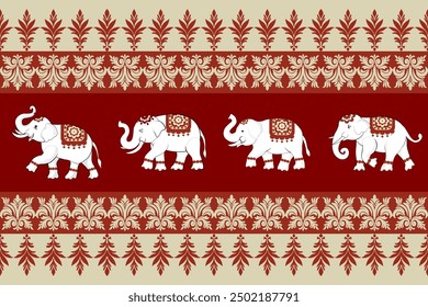 Seamless thai pattern featuring cartoon elephants and festive decorations, perfect for holiday cards and winter designs,elephants pattern,traditional ethnic, fabric pattern for textiles, rugs, damask