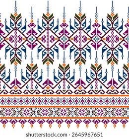Seamless Thai traditional fabric pattern. Embroidery Cross Stitch Tribal Ethnic pattern floral pixel art motifs in blue, purple, orange, green. Ideal for textiles, fashion, decor, clothing, border.