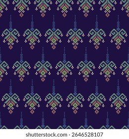Patrón de tela tradicional tailandés sin costuras. Bordado Punto de cruz Patrón étnico nativo pixel art motivos en índigo, verde azulado, púrpura, verde. Ideal para textiles, moda, decoración, ropa.