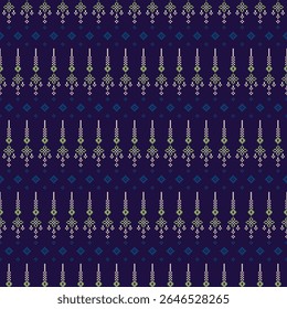 Seamless Thai traditional fabric pattern. Embroidery Cross Stitch Native Ethnic pattern pixel art motifs in indigo, teal, purple, green. Ideal for textiles, fashion, decor, clothing.