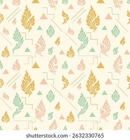 Seamless Thai traditional pattern with golden, green, and red Kanok motifs on a soft cream background. Elegant and minimal, perfect for fabric, packaging, wallpapers, and modern Thai-themed designs.