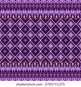 Textura de patrón tradicional tailandés sin costuras. Fondo de lujo púrpura con adornos geométricos florales dorados y blancos. Ilustración vectorial de tela de seda tailandesa, sarong o diseño textil.