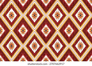 Seamless Thai tribal diamond pattern featuring floral geometric motifs in red and orange tones. Perfect for textiles, fabrics, wallpapers, and ethnic decorative design projects.
