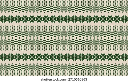 Un patrón geométrico tribal tailandés sin costuras en verde oscuro inspirado en los textiles tradicionales tejidos a mano. Los motivos repetitivos estilo píxel se asemejan a las puntadas de bordado, dando al diseño un estilo cultural, étnico,