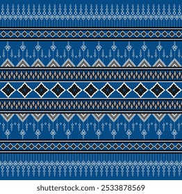 Nahtloses thailändisches Stammesmuster, blau-weißes Ethnisch, Design, eometrisches thailändisches Gewebe, traditionelles thailändisches Motiv