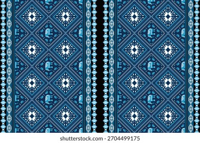 Seamless Thai tribal pattern with blue geometric shapes and elephant motifs, ideal for textiles, fabrics, wallpapers, wrapping paper, and ethnic decorative designs.