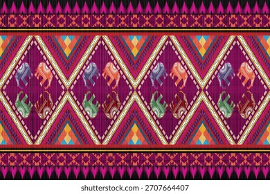 Padrão tribal tailandês contínuo com motivos de elefante colorido e diamantes geométricos vibrantes em tons roxos e multicoloridos. Ideal para têxteis, tecidos, papéis de parede e desenhos decorativos étnicos.