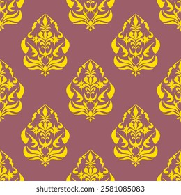 A seamless Thai-inspired damask pattern featuring elegant golden ornamental motifs arranged symmetrically against a rich maroon background. The design showcases intricate floral and curvilinear detail